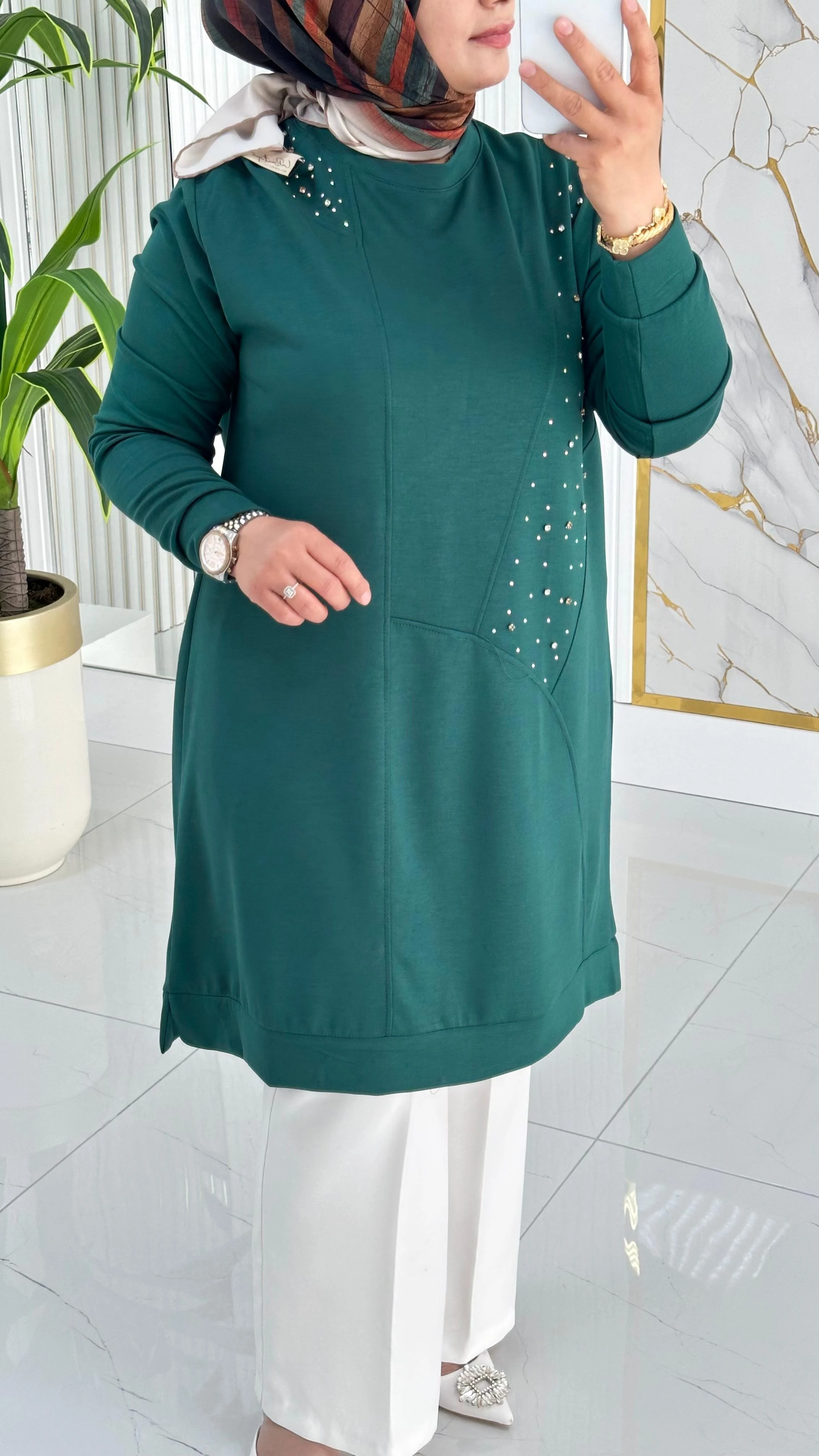 Kado Taş Baskılı Asimetrik Tunik 7020 - Koyu Zümrüt