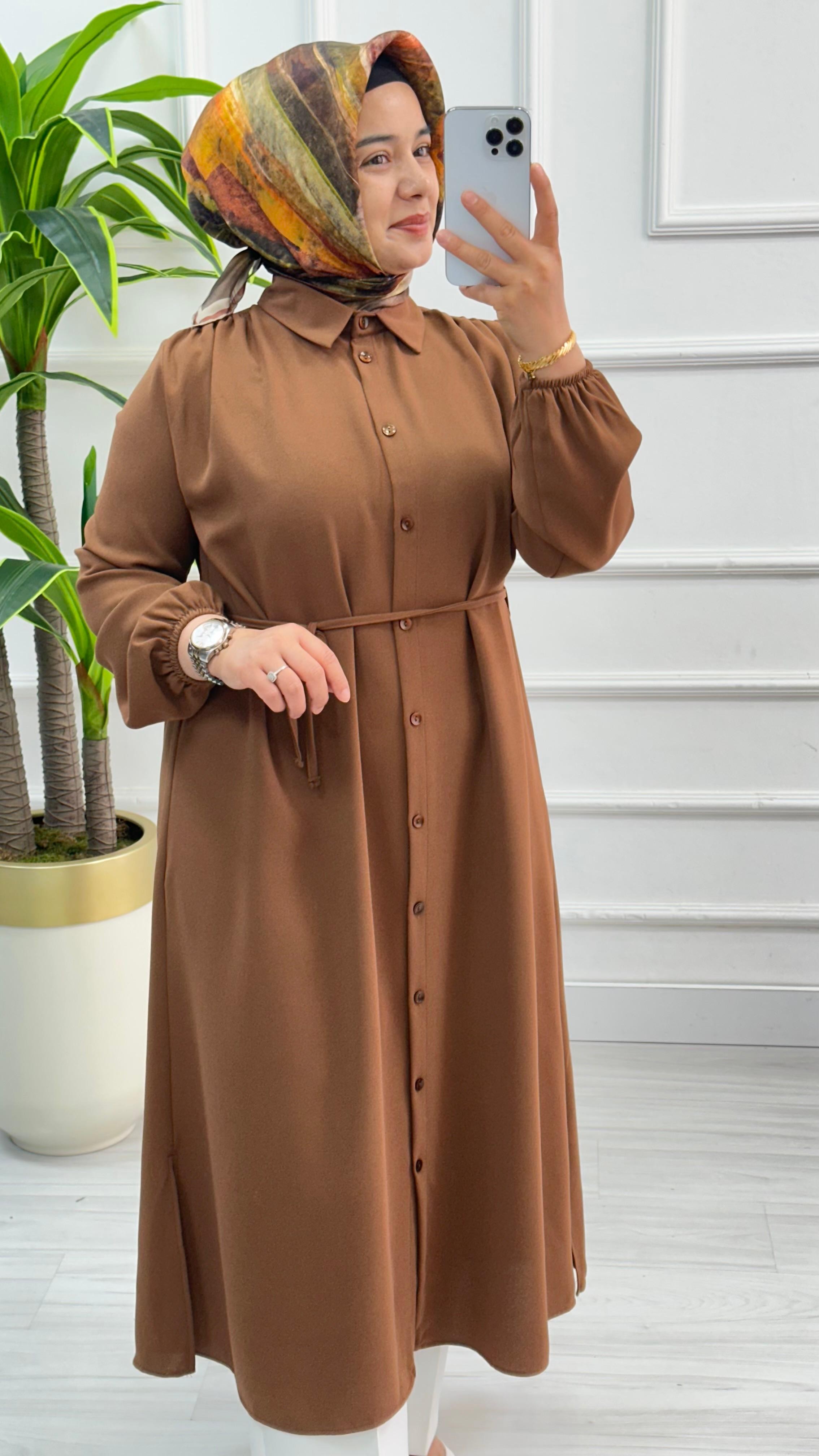 Omuzları Büzgülü Linda Kumaş Tunik 1562 - Kahverengi