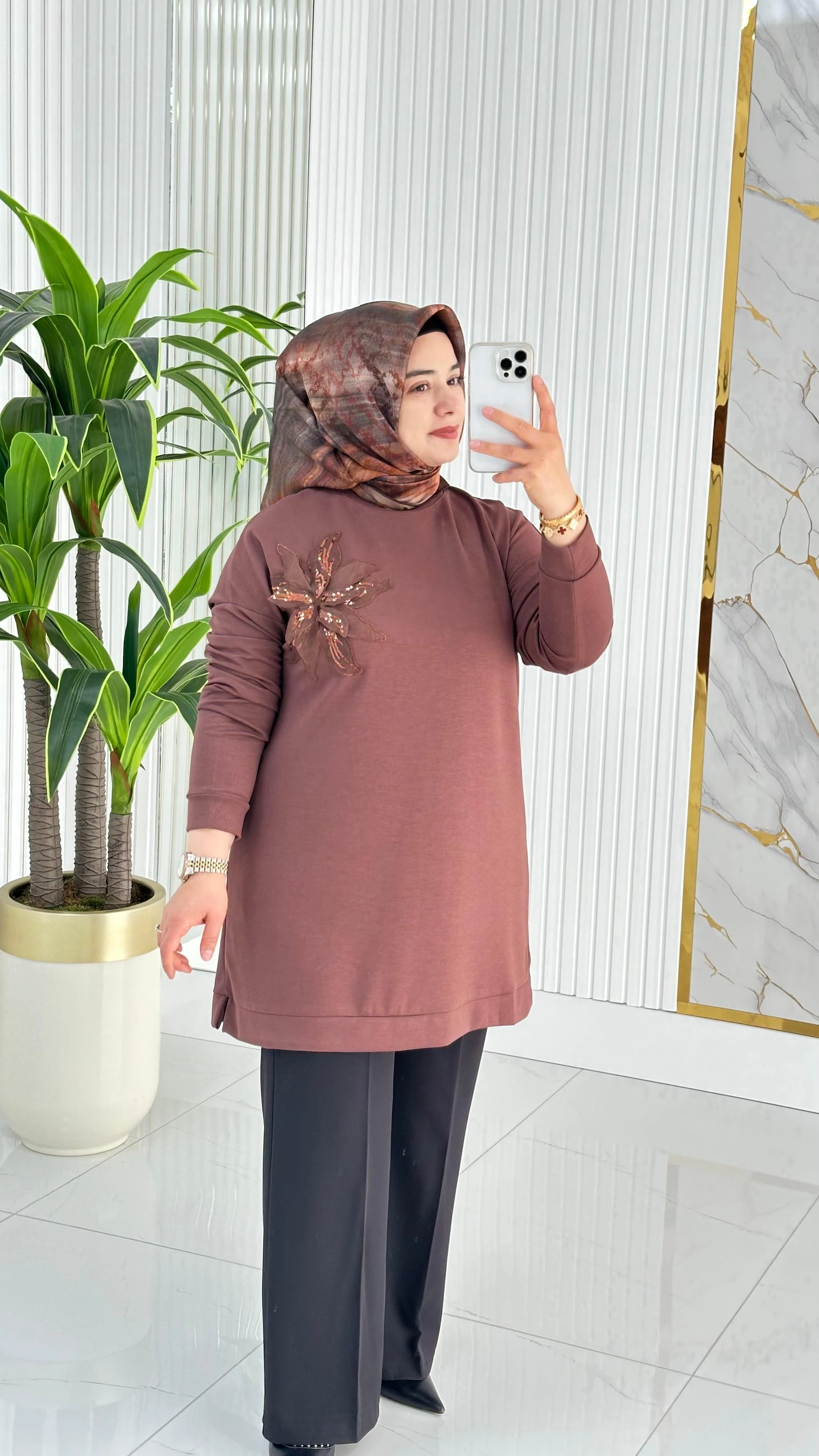 Kado Çiçek Desenli Tunik 7346 - Kahverengi