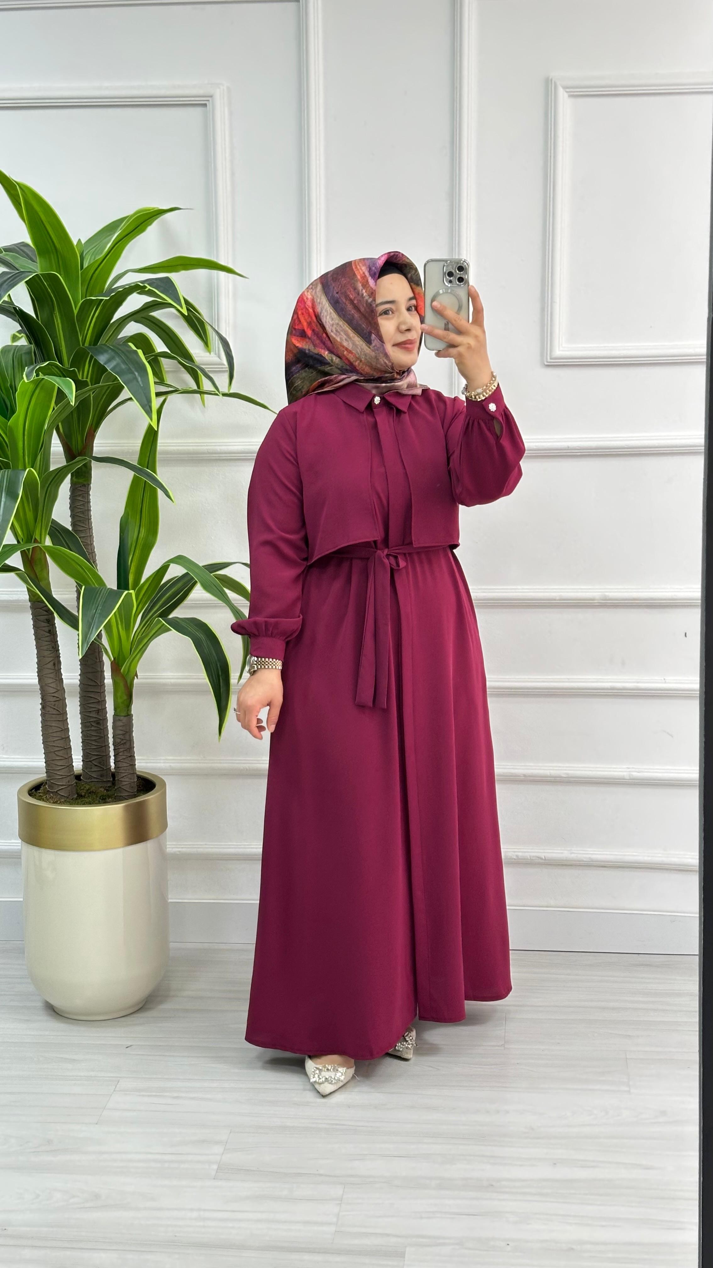 Önü Allerli Kemer Detaylı Detaylı Giyçık / Elbise 1902 - Bordo