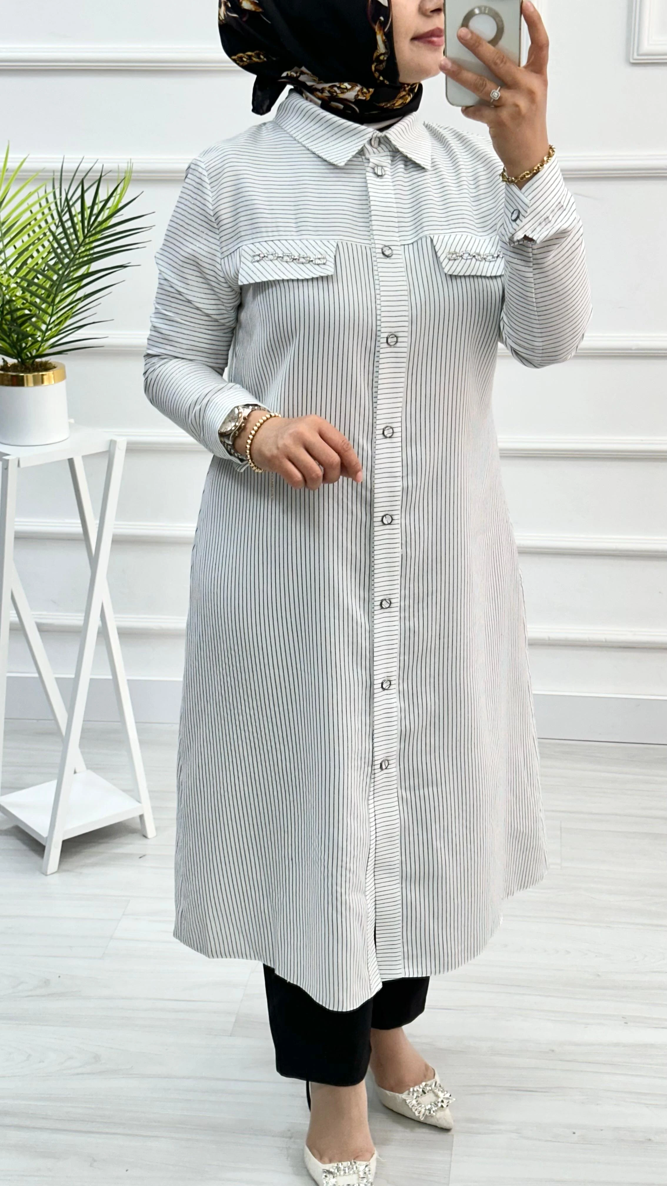 Qetenn Çizgili Cep Kapakları Zincir Detaylı Tunik 2837