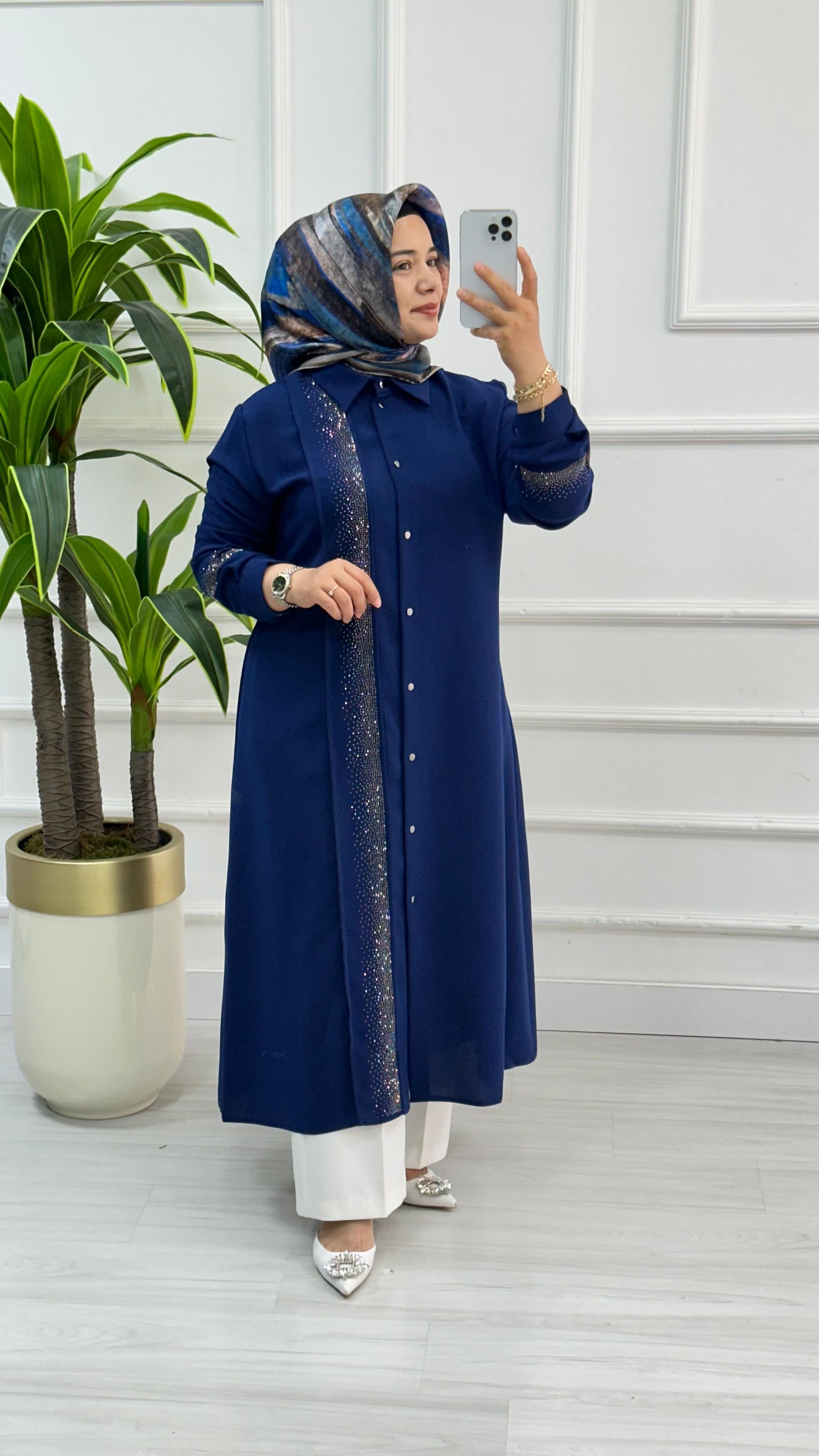 Çınar Özkan Krep Çımalı Taş Detaylı Tunik 2805 - Saks Mavisi