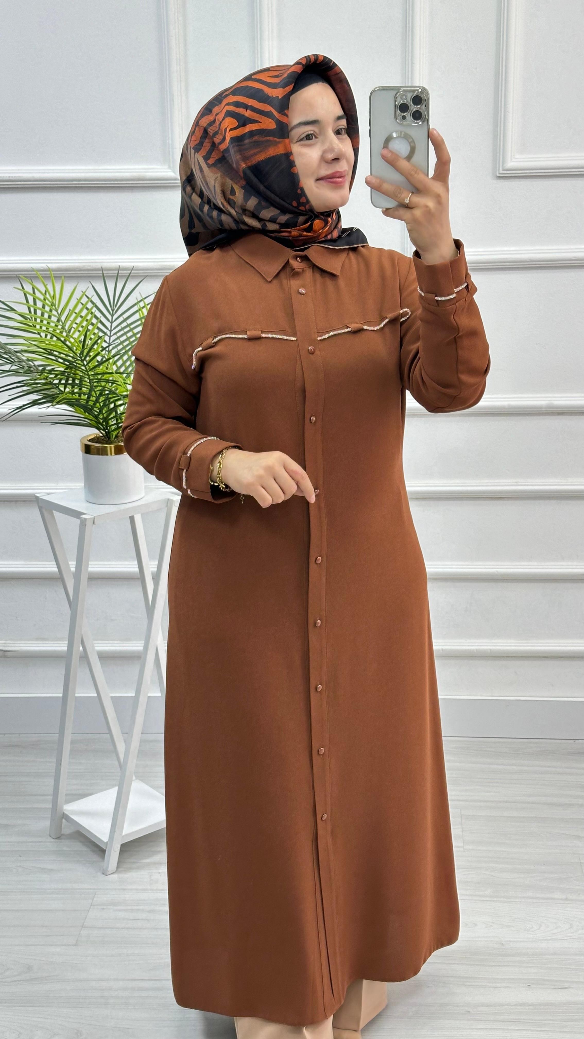 Kolları Ve Önü Taş Detaylı Tunik 4712 - Taba