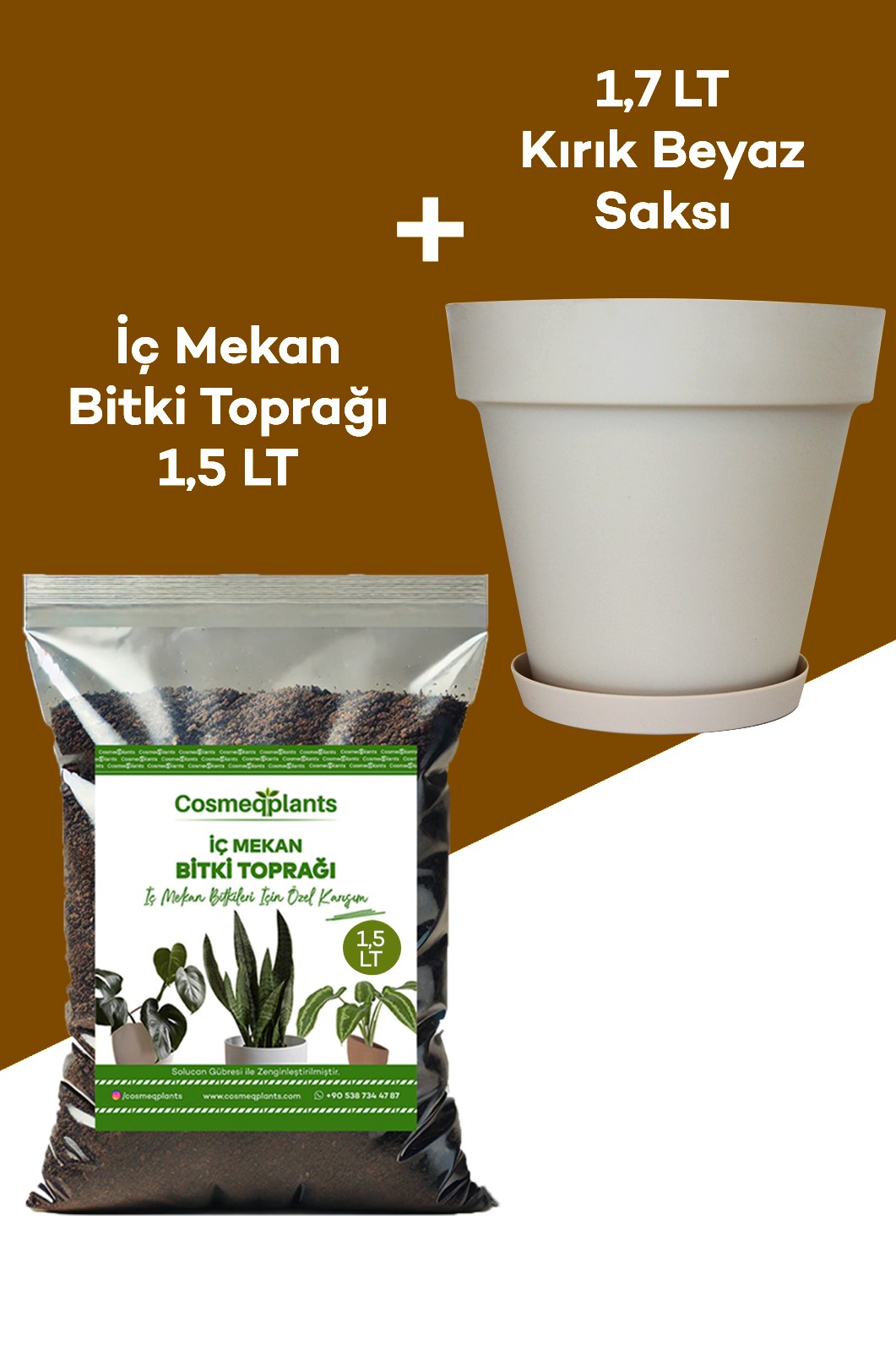 2'li Set İç Mekan Bitki Toprağı 1.5 lt ve Kırık Beyaz Saksı 1.7 lt