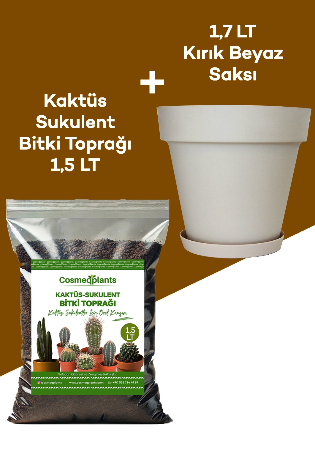 2'li Set Kaktüs Sukulent Bitki Toprağı 1.5 lt ve Kırık Beyaz Saksı 1.7 lt