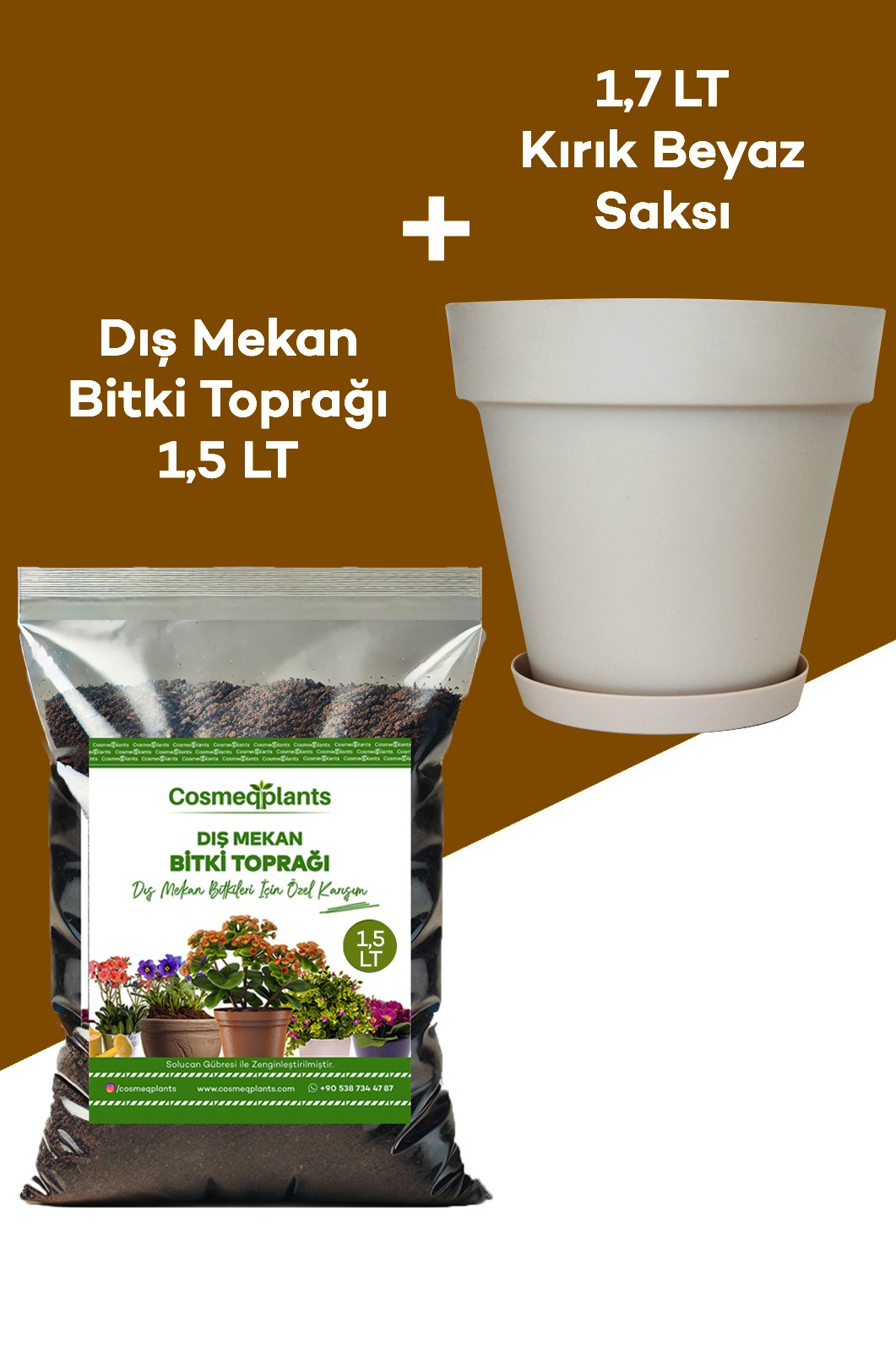 2'li Set Dış Mekan Bitki Toprağı 1.5 lt ve Kırık Beyaz Saksı 1.7 lt