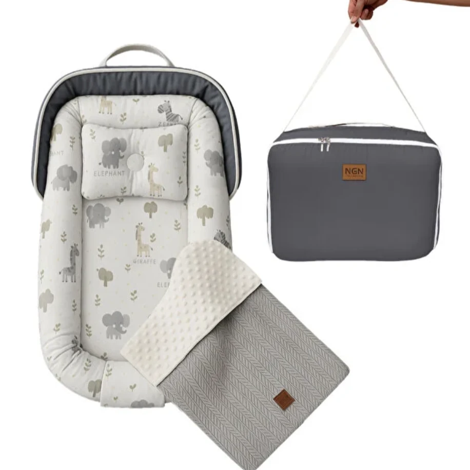 NGN COLLECTION Çantalı Baby Nest + Nohut Bebek Battaniyesi (Safari Desenli / Koyu Gri)