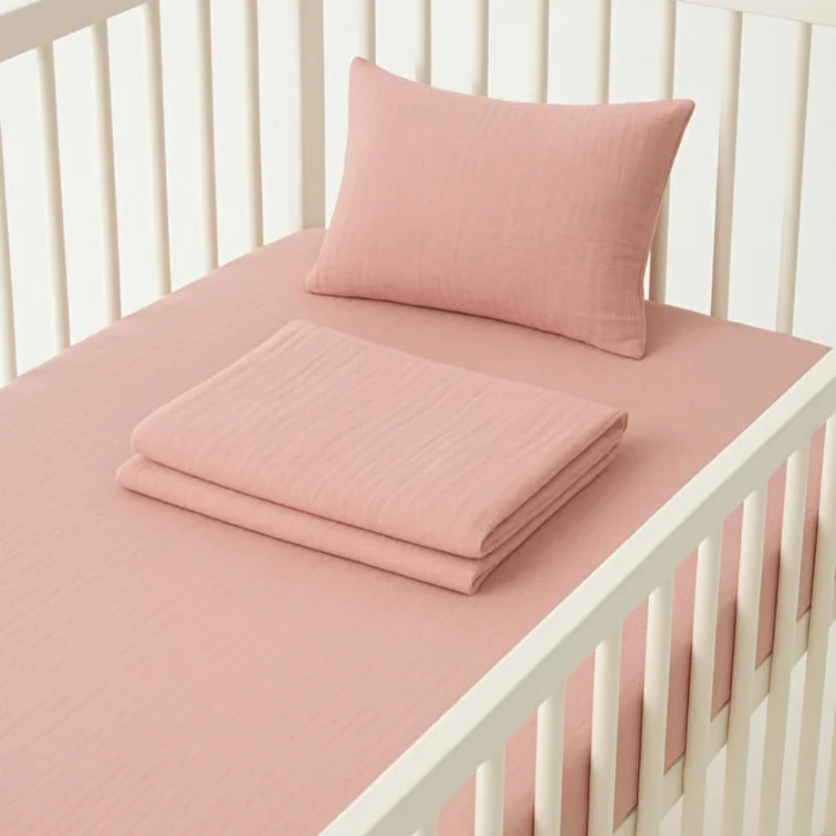 NGN COLLECTİON 4 Katlı Müslin Bebek Lastikli Çarşaf ve Yastık Kılıfı 2li Set(Pembe)