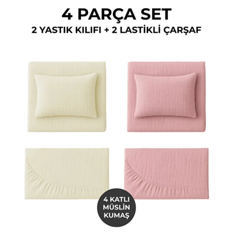 NGN COLLECTİON 2li set Lastikli 4 Katlı Müslin Bebek Çarşaf+Yastık Kılıfı(Pembe-Krem)