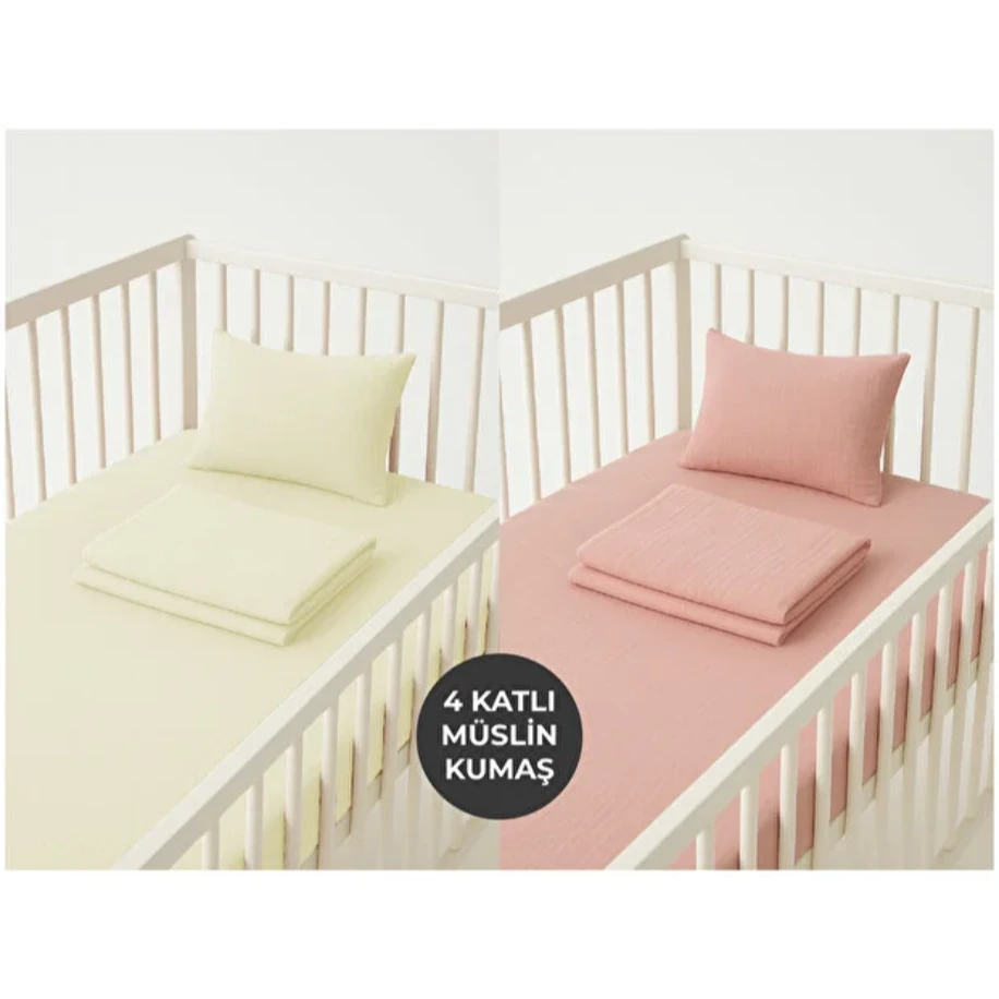 NGN COLLECTİON 2li set Lastikli 4 Katlı Müslin Bebek Çarşaf+Yastık Kılıfı(Pembe-Krem)