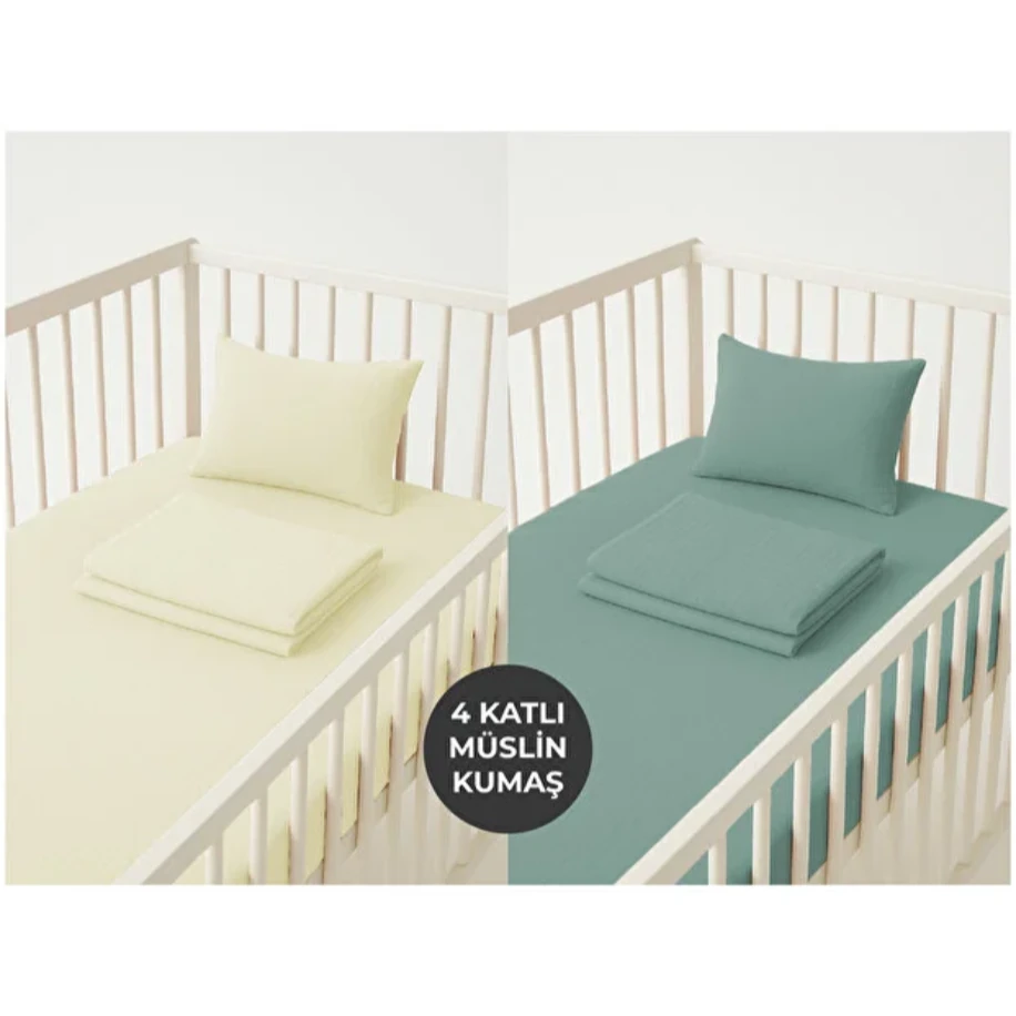 NGN COLLECTİON %100 Pamuk Lastikli 4 Katlı Müslin 2li set Bebek Çarşaf Takımı(Bej-Yeşil)