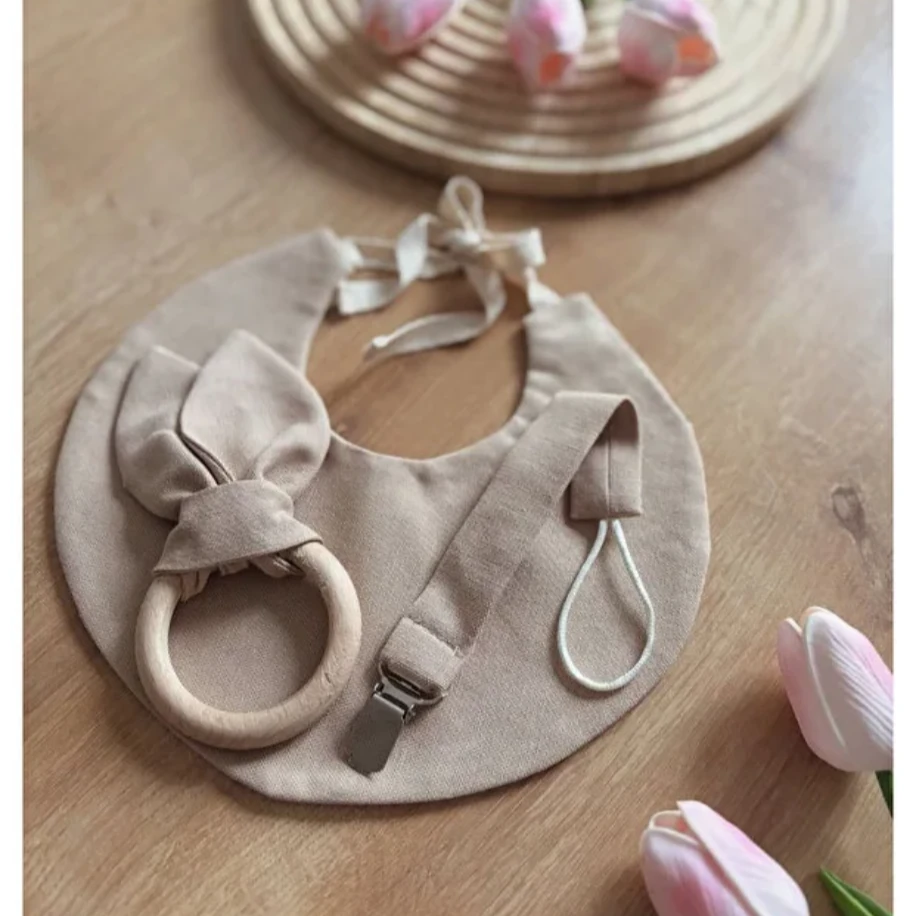 NGN COLLECTİON Keten Bebek Seti 3’lü  Önlük,Diş Kaşıyıcı, Emzik Askısı Doğal Kumaş