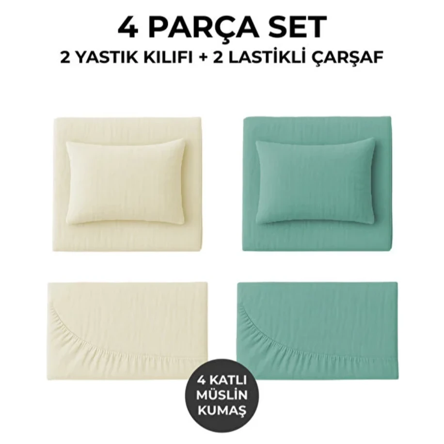 NGN COLLECTİON %100 Pamuk Lastikli 4 Katlı Müslin 2li set Bebek Çarşaf Takımı(Bej-Yeşil)
