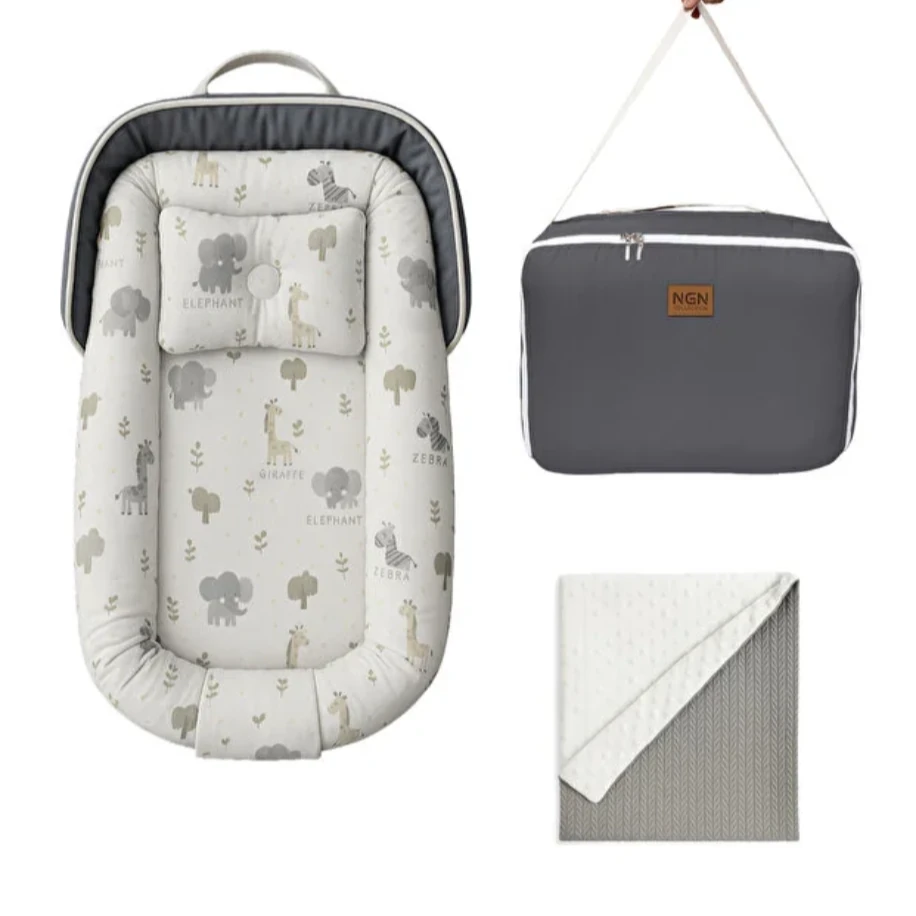 NGN COLLECTION Çantalı Baby Nest + Nohut Bebek Battaniyesi (Safari Desenli / Koyu Gri)