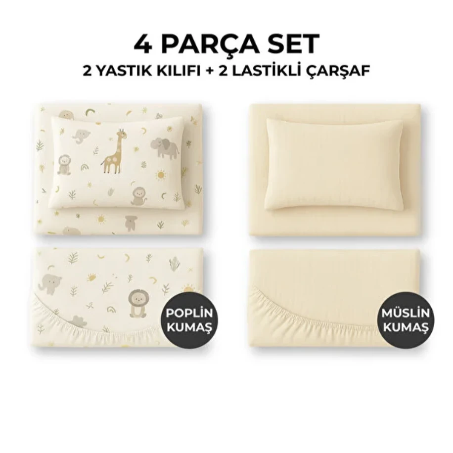 NGN COLLECTİON 4’lü Bebek Lastikli Çarşaf ve Yastık Kılıfı Seti–Poplin Desenli&Sarı
