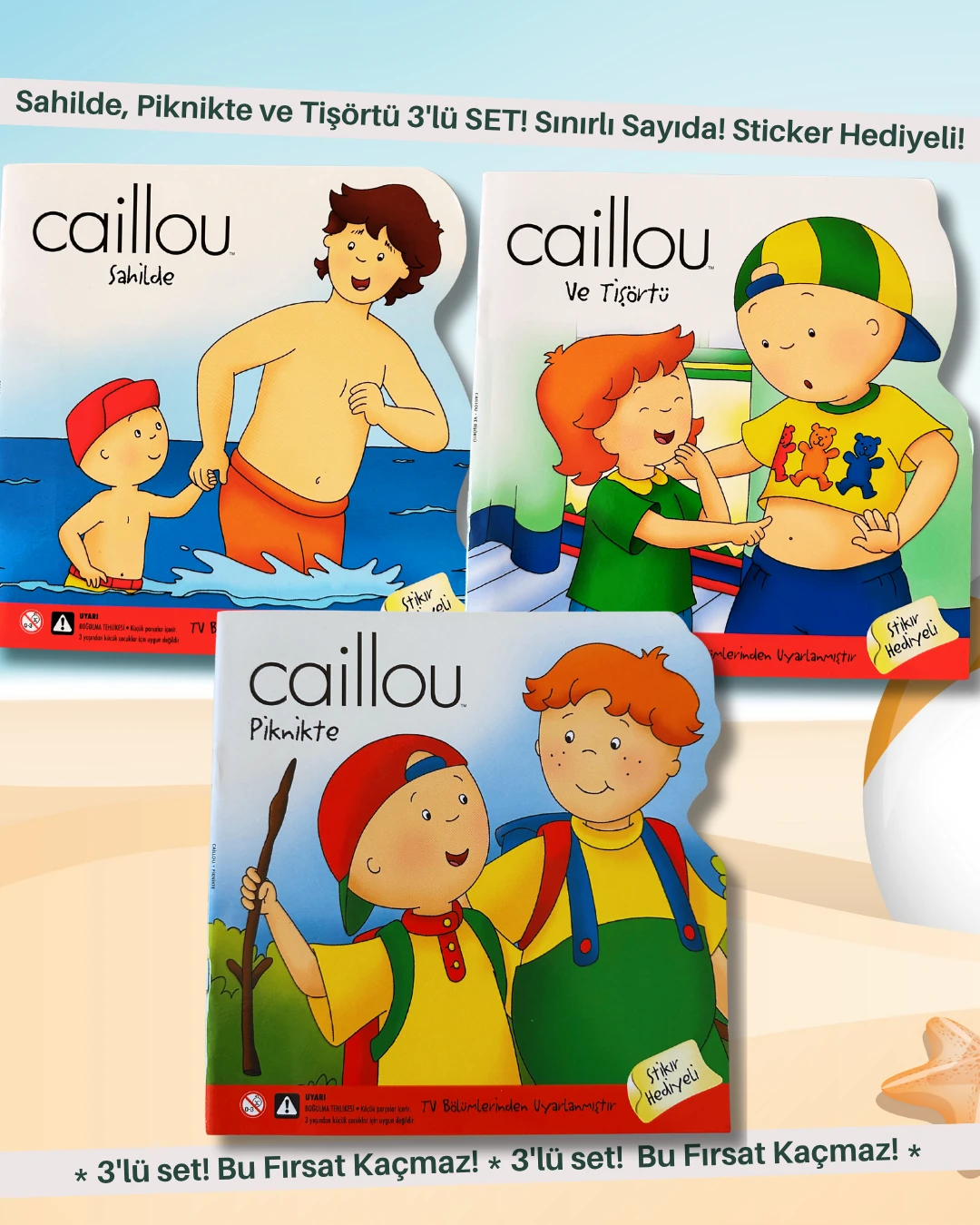 Caillou 3’lü Kitap Seti – Sahilde • Tişörtü • Piknikte