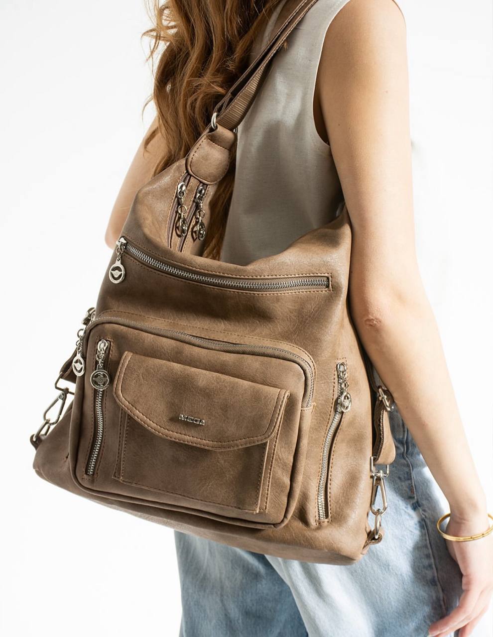 %100 GERÇEK DERI HEM SIRT HEM KOL HEM OMUZ KADIN ÇANTA MEGA 540 - Koyu Vizon