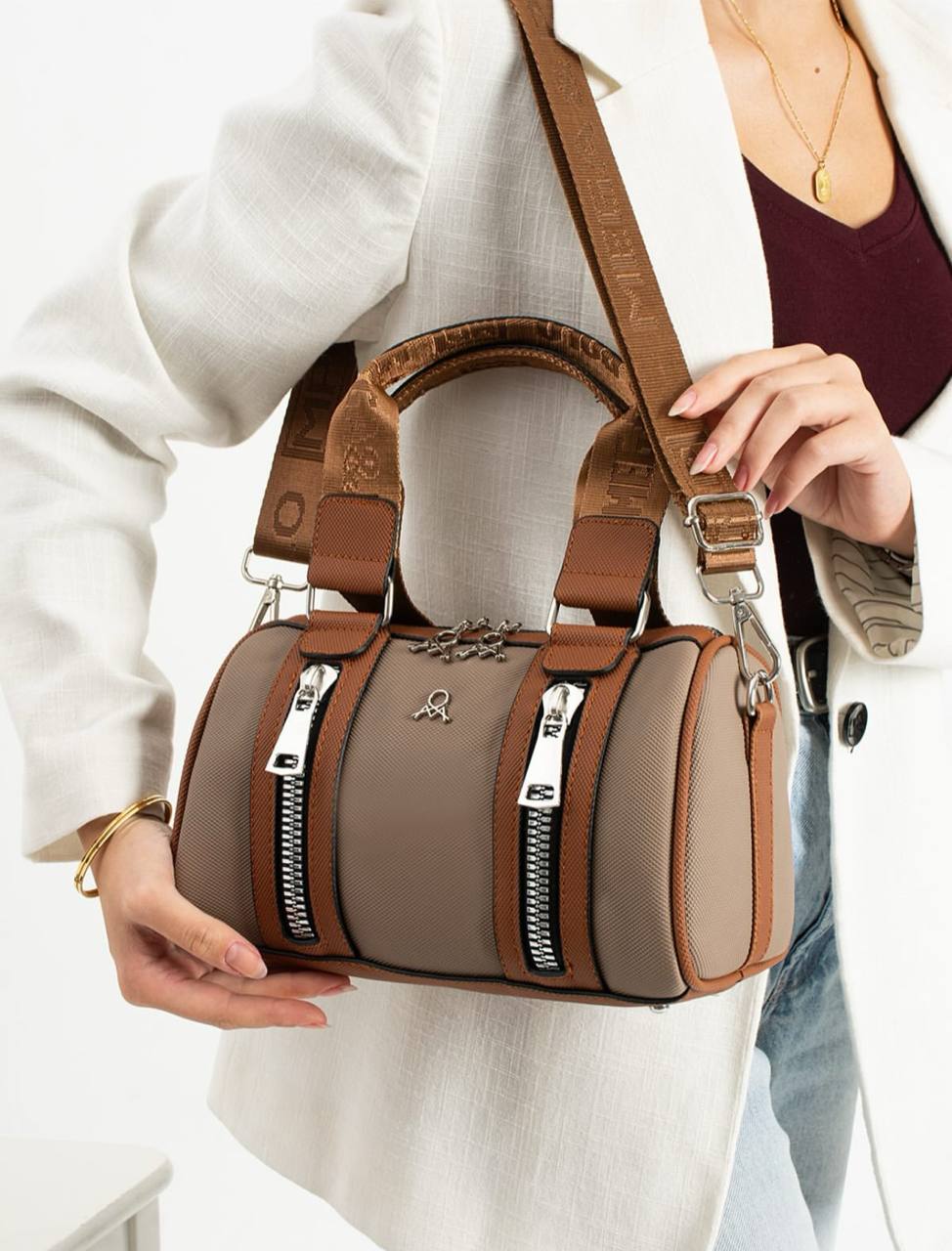 3 BÖLMELİ ÇİFT RENKLİ  KADIN OMUZ ÇANTASI 651 MEGA  - Vizon