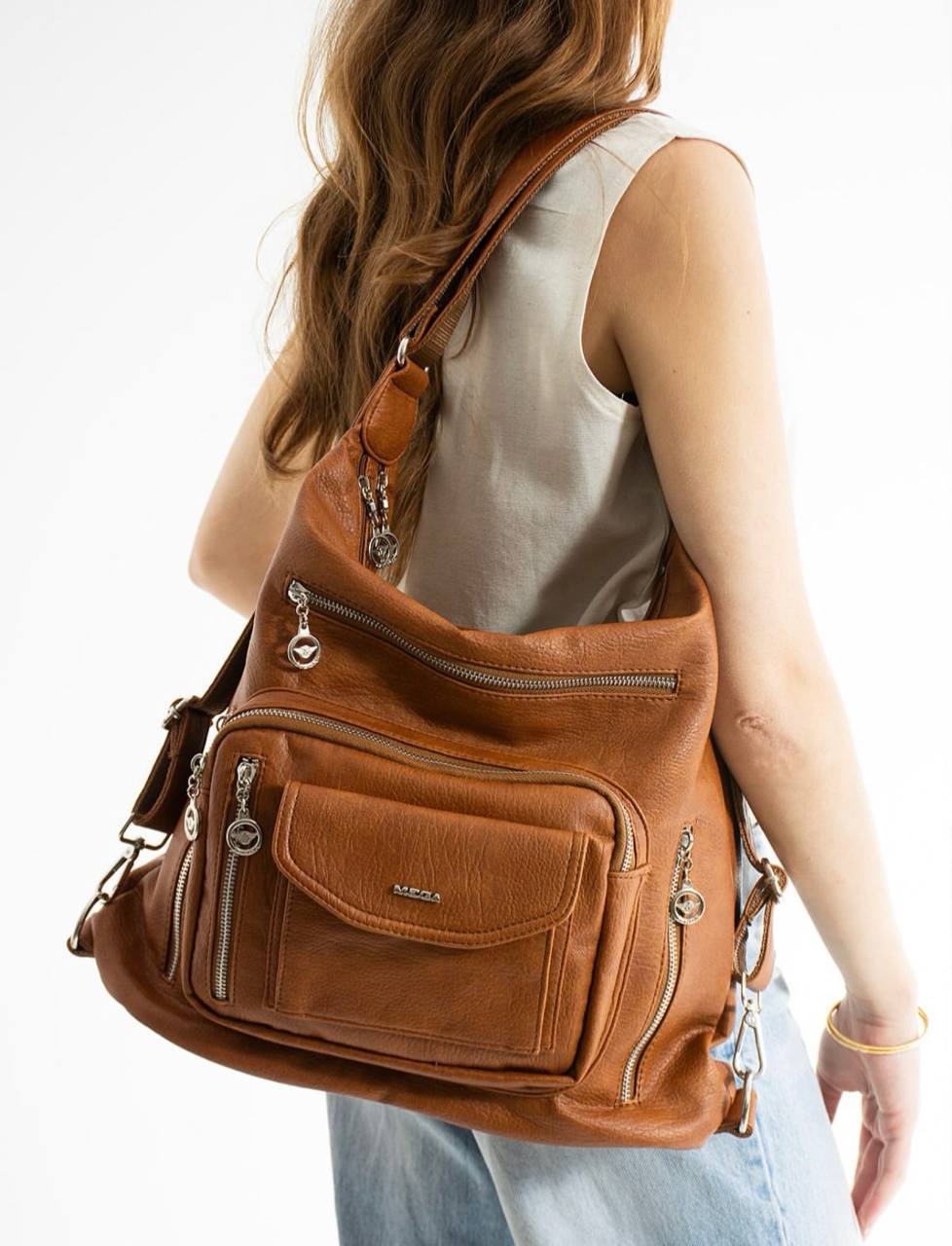 %100 GERÇEK DERI HEM SIRT HEM KOL HEM OMUZ KADIN ÇANTA MEGA 540 - Taba