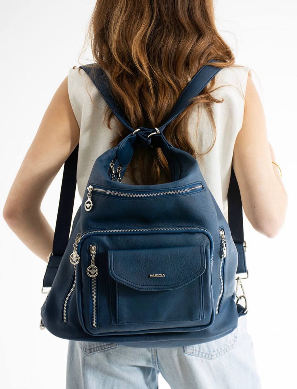 %100 GERÇEK DERI HEM SIRT HEM KOL HEM OMUZ KADIN ÇANTA MEGA 540 - Lacivert