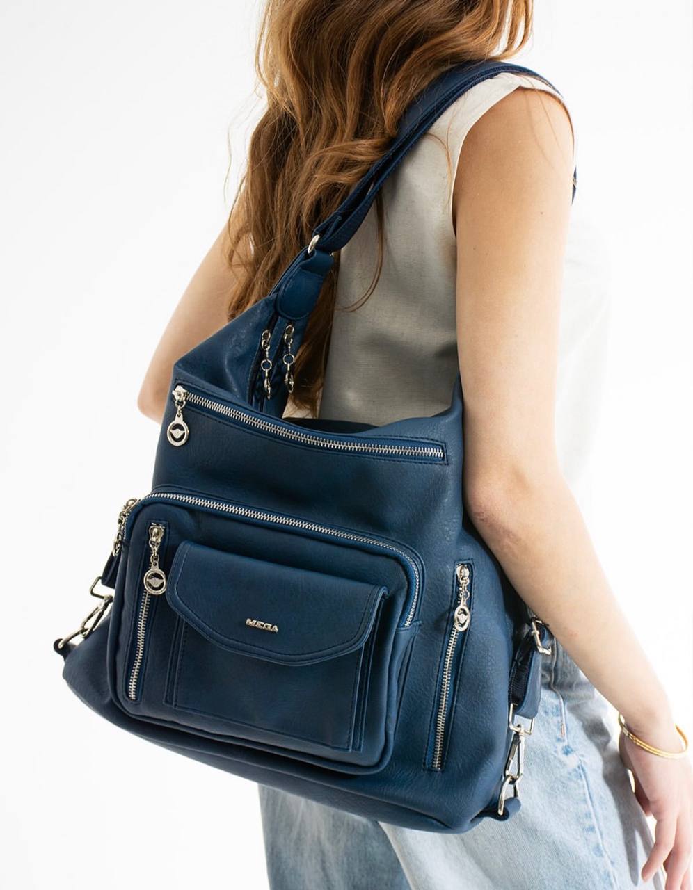 %100 GERÇEK DERI HEM SIRT HEM KOL HEM OMUZ KADIN ÇANTA MEGA 540 - Lacivert