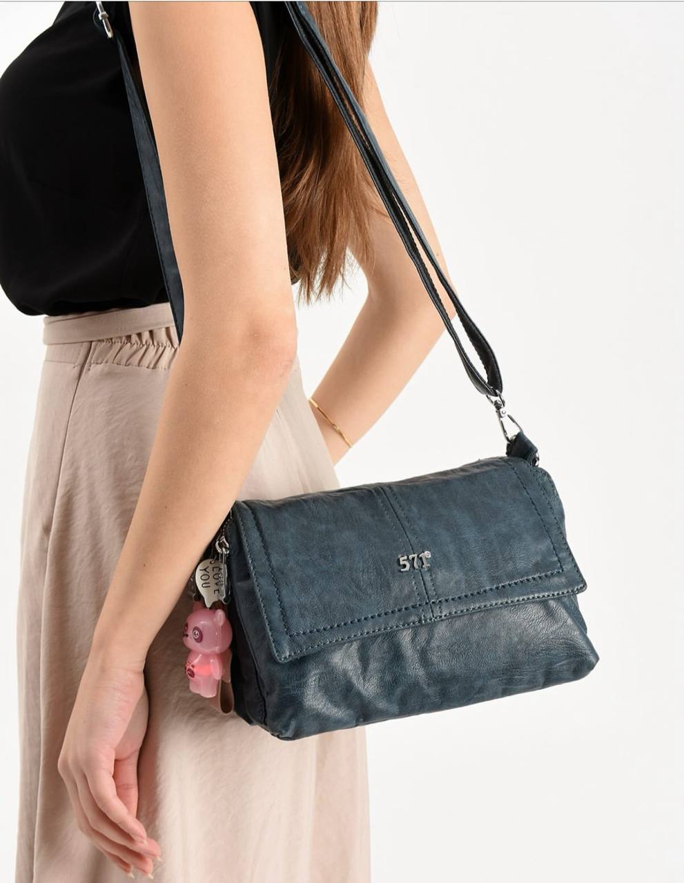 IŞIKLI CHARM HEDİYELİ %100 HAKİKİ DERİ 3 GÖZLÜ ÇAPRAZ ÇANTA  - Petrol Mavisi