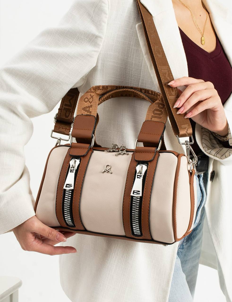 3 BÖLMELİ ÇİFT RENKLİ  KADIN OMUZ ÇANTASI 651 MEGA  - Krem