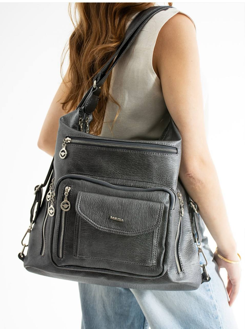 %100 GERÇEK DERI HEM SIRT HEM KOL HEM OMUZ KADIN ÇANTA MEGA 540 - Gri