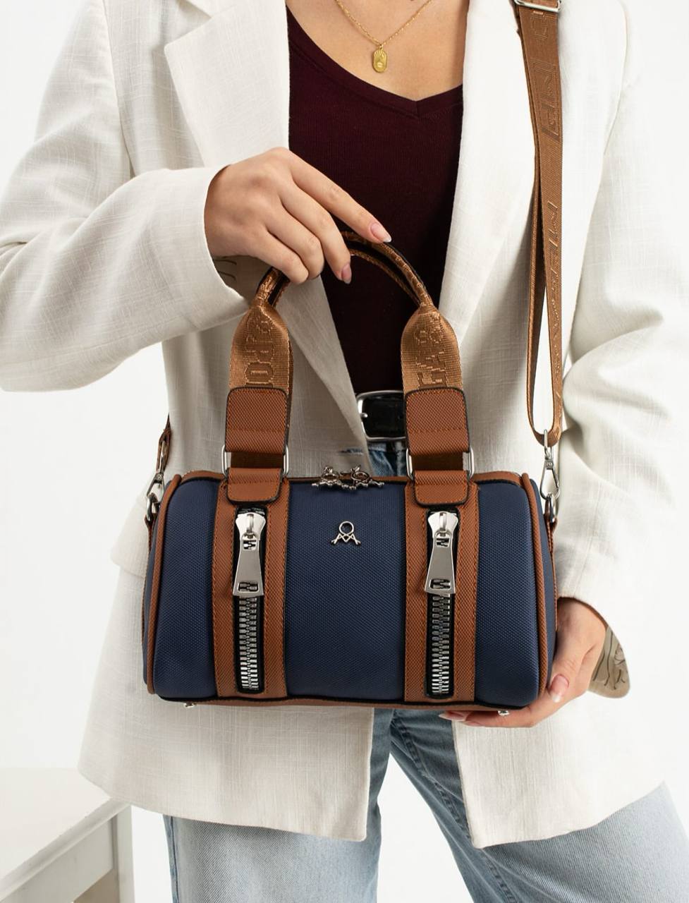 3 BÖLMELİ ÇİFT RENKLİ  KADIN OMUZ ÇANTASI 651 MEGA  - Lacivert