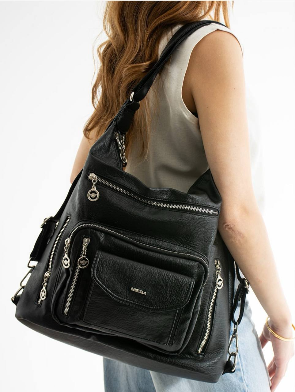 %100 GERÇEK DERI HEM SIRT HEM KOL HEM OMUZ KADIN ÇANTA MEGA 540 - Siyah