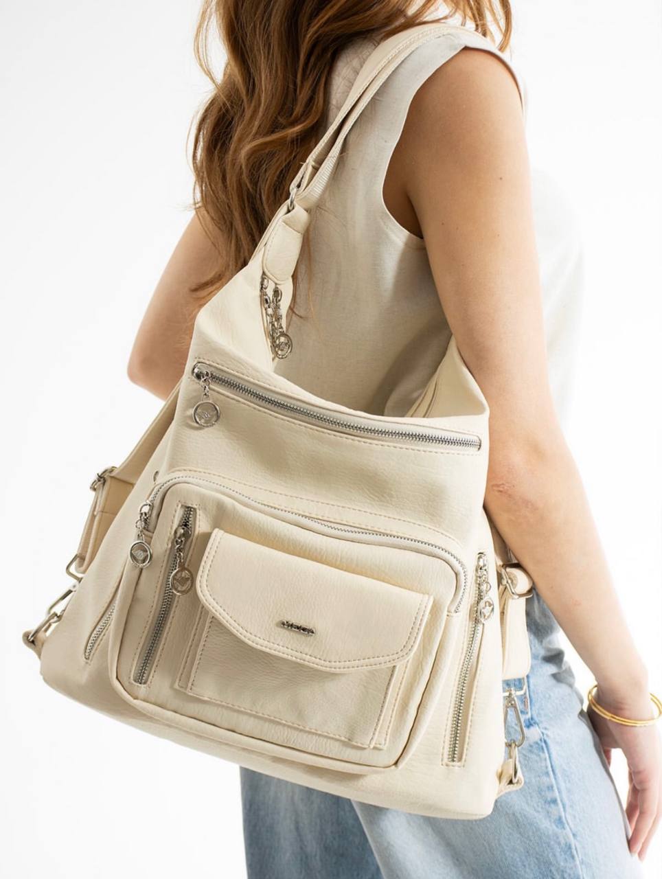 %100 GERÇEK DERI HEM SIRT HEM KOL HEM OMUZ KADIN ÇANTA MEGA 540 - Krem