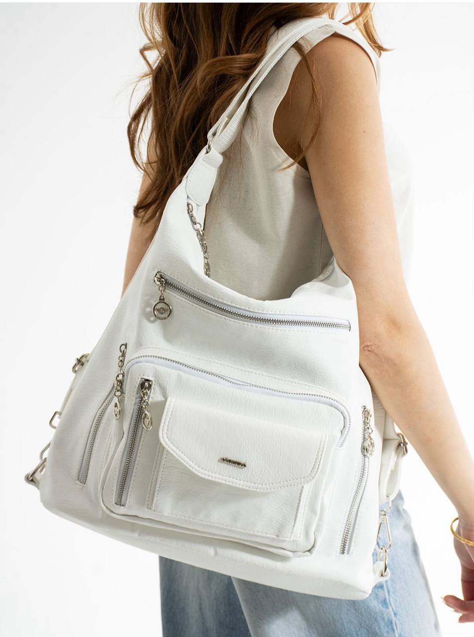 %100 GERÇEK DERI HEM SIRT HEM KOL HEM OMUZ KADIN ÇANTA MEGA 540 - Beyaz
