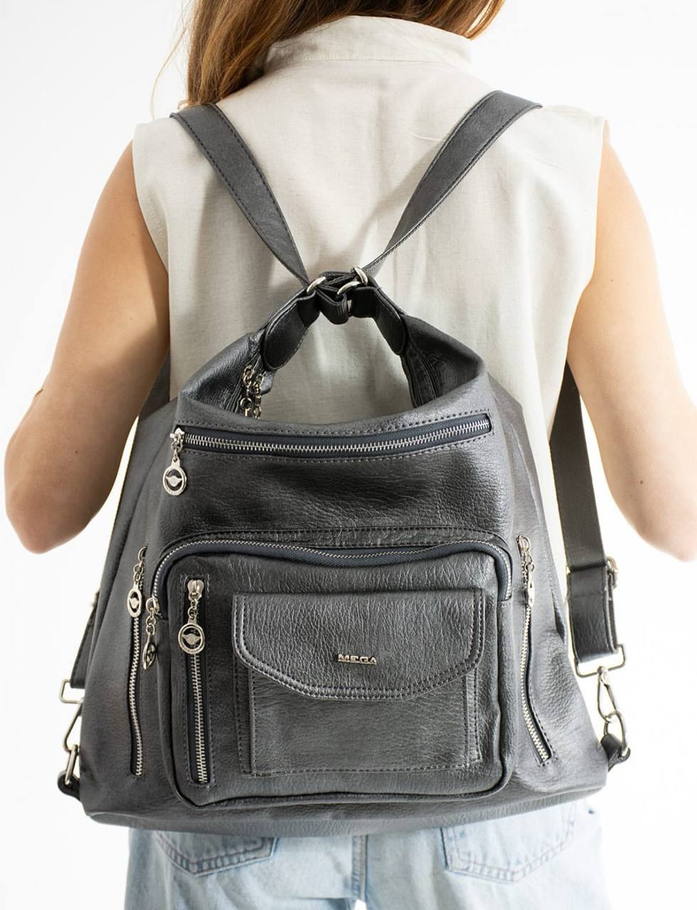 %100 GERÇEK DERI HEM SIRT HEM KOL HEM OMUZ KADIN ÇANTA MEGA 540 - Gri