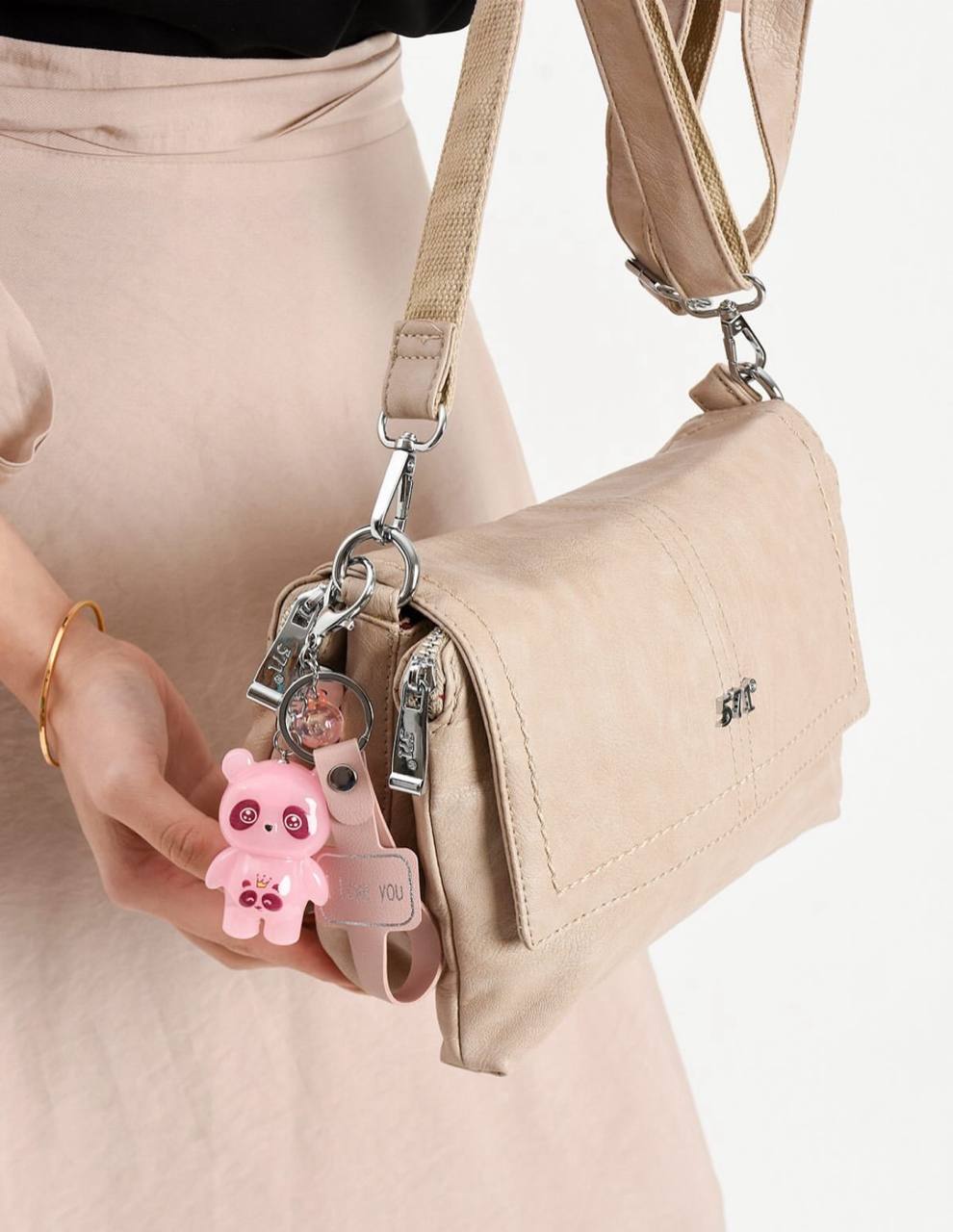 IŞIKLI CHARM HEDİYELİ %100 HAKİKİ DERİ 3 GÖZLÜ ÇAPRAZ ÇANTA 17M - Vizon