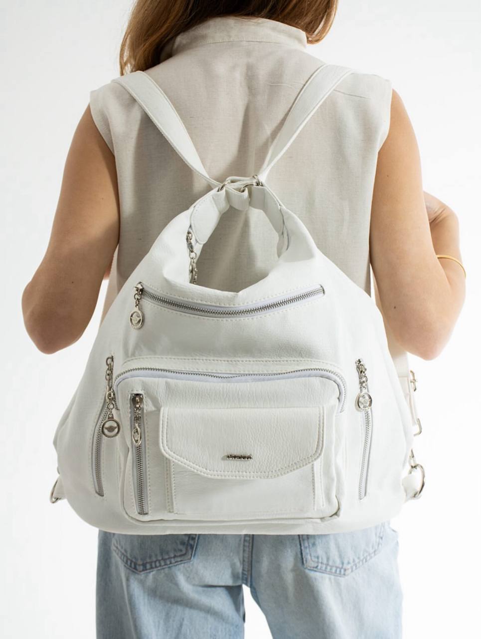 %100 GERÇEK DERI HEM SIRT HEM KOL HEM OMUZ KADIN ÇANTA MEGA 540 - Beyaz