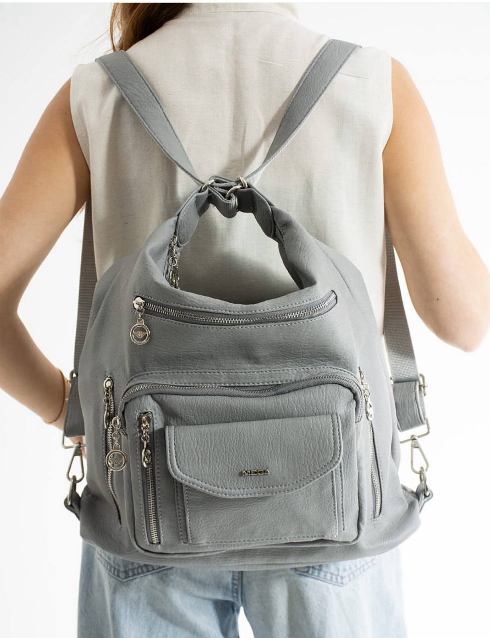 %100 GERÇEK DERI HEM SIRT HEM KOL HEM OMUZ KADIN ÇANTA MEGA 540 - Açık Gri