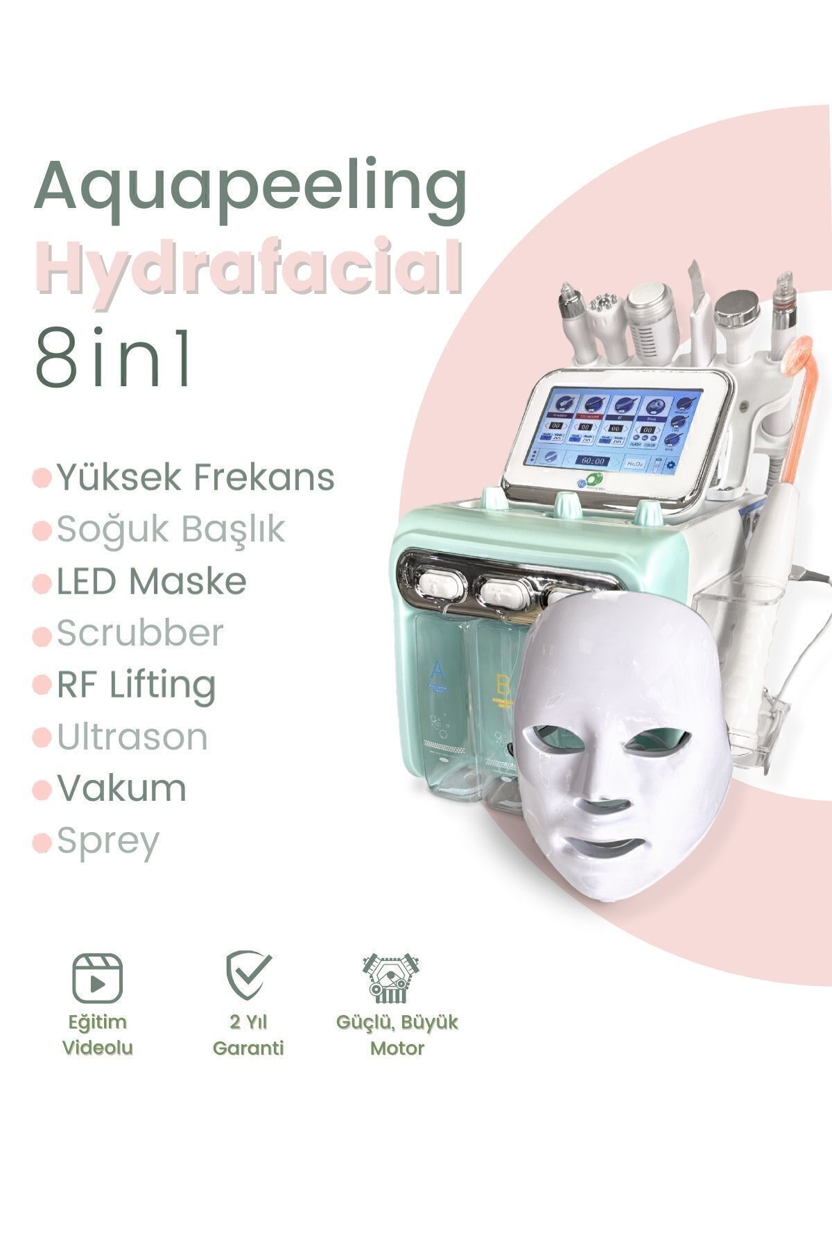 Hydrafacial 8 in 1 Led maskeli + Yüksek Frekans ( High Frekans ) Cilt Bakım Cihazı Büyük Motor