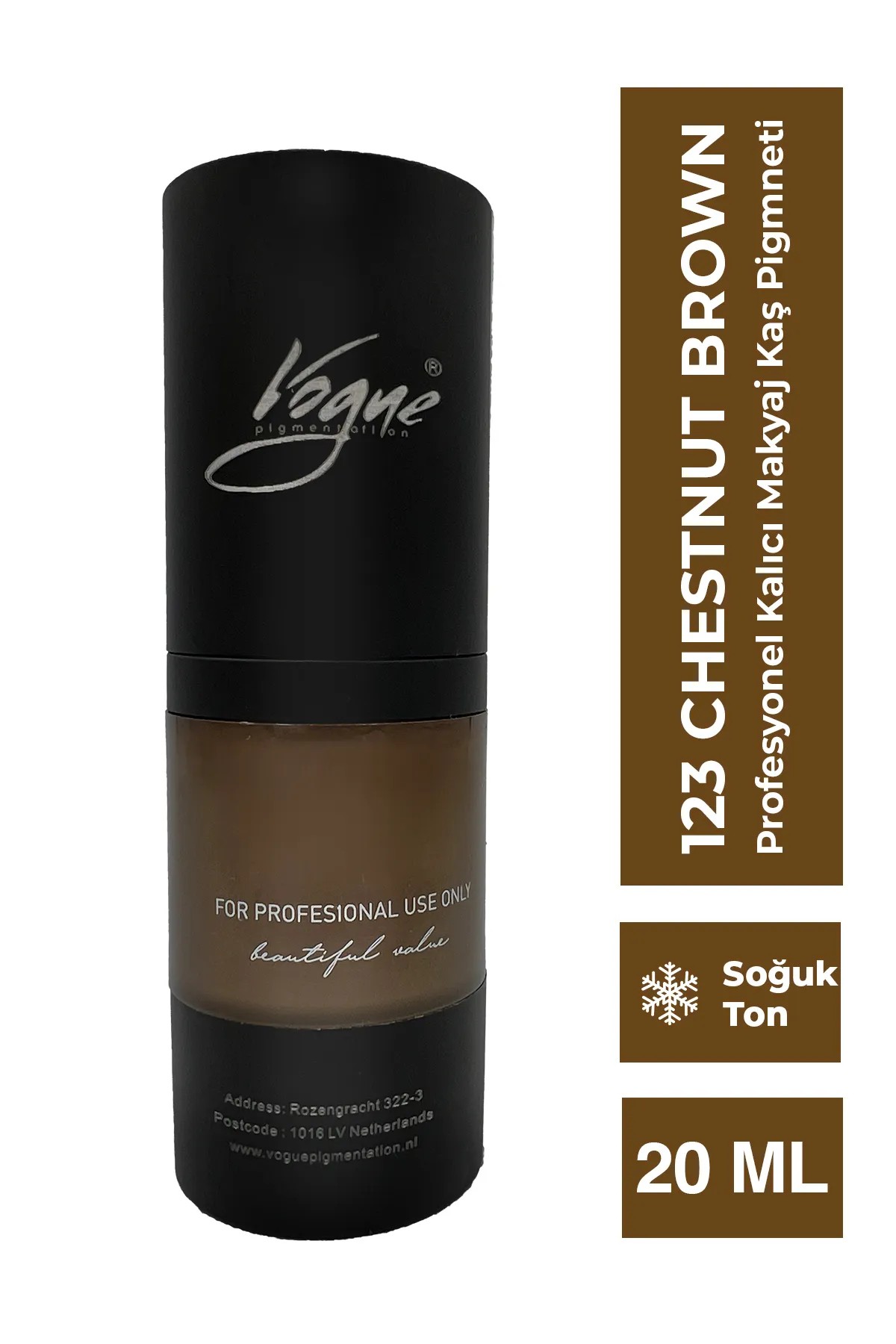 Vogue 123 Chestnut Brown - Kalıcı Makyaj Kaş Pigmenti - Microblading & PMU, Yoğun Organik Renk, 20ml