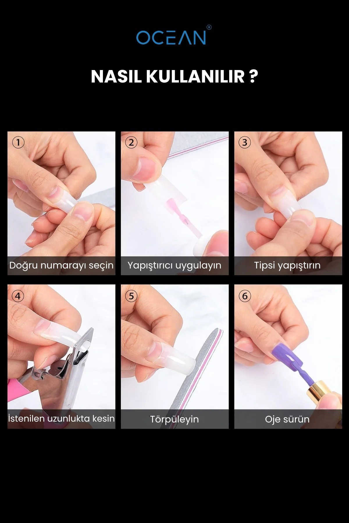 OCEAN Yarım Ay Tips 200'lü Protez Tırnak Tek Numara Kemik Tips
