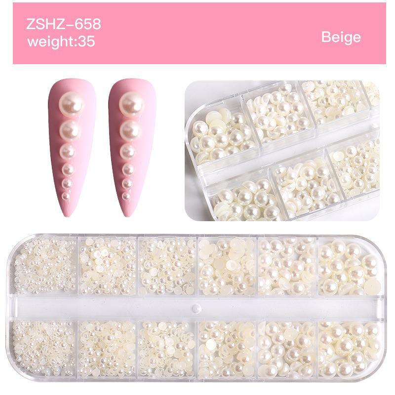 12'li Karışık Boy Nail Art Inci Taşları Tırnak Süsleme Beige