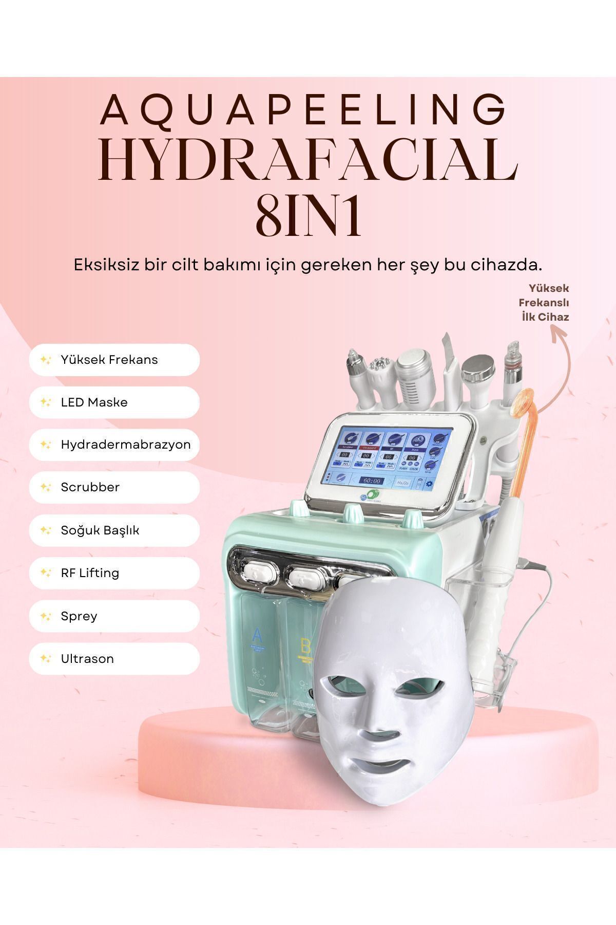 Hydrafacial 8 in 1 Led maskeli + Yüksek Frekans ( High Frekans ) Cilt Bakım Cihazı Büyük Motor