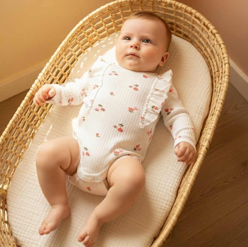 Fırfırlı Çiçek Desenli Uzun Kollu Bebek Body