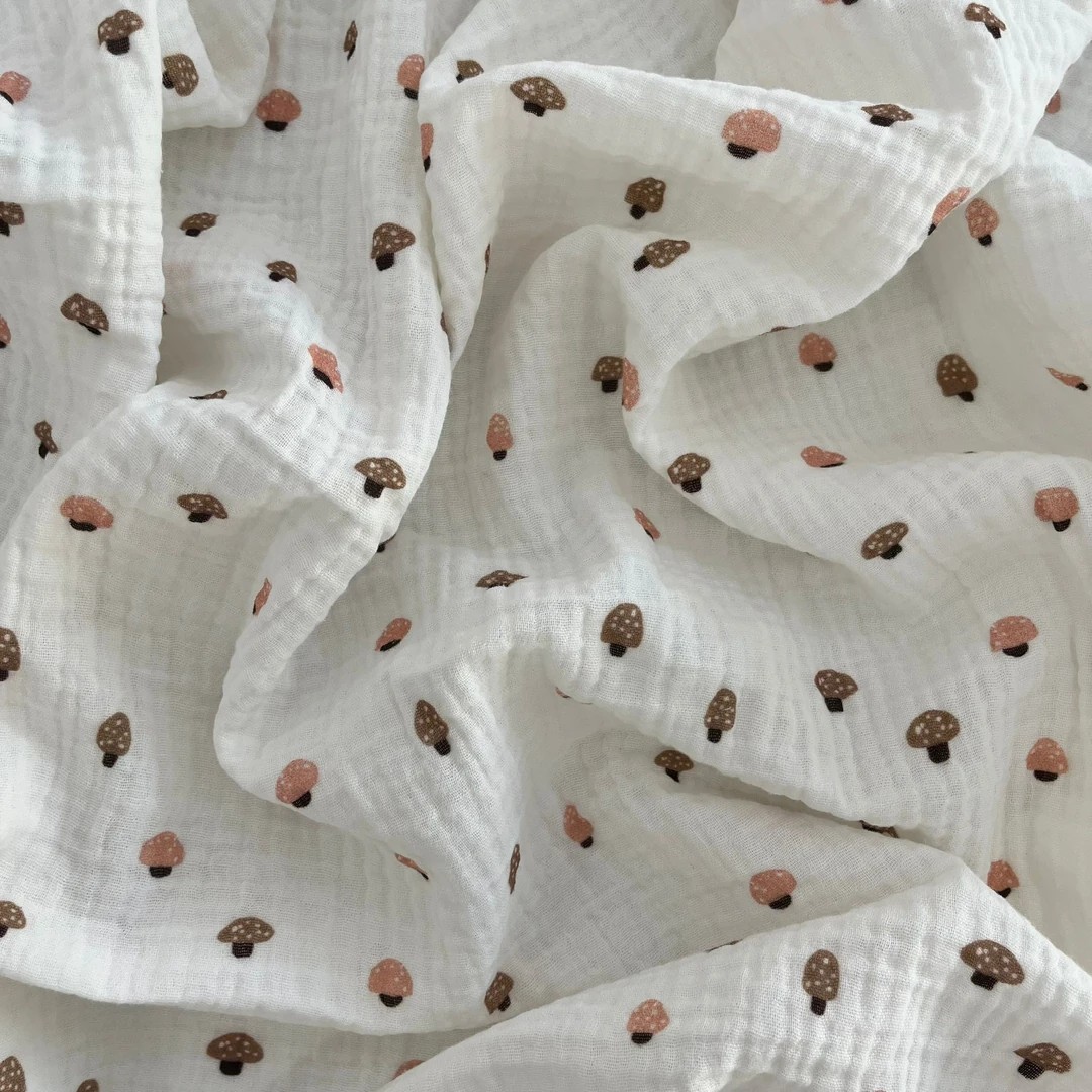 Toptan Çift Kat Müslin Kumaş / Mantar Desenli  / DRY 171
