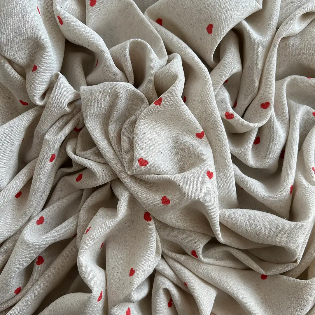 Toptan Viskon Keten Kumaş / Minik Kalp Desenli / DRY - 148 - Kırmızı