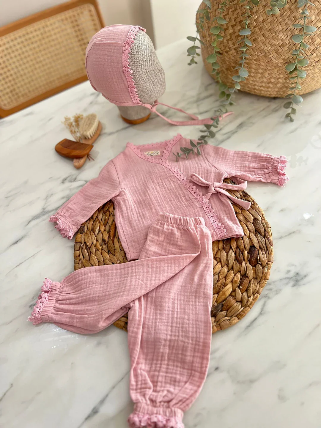 Kız Bebek Müslin Alt Üst Takım 3'lü Set | Yenidoğan & Bebek Giyim - Koyu Pembe