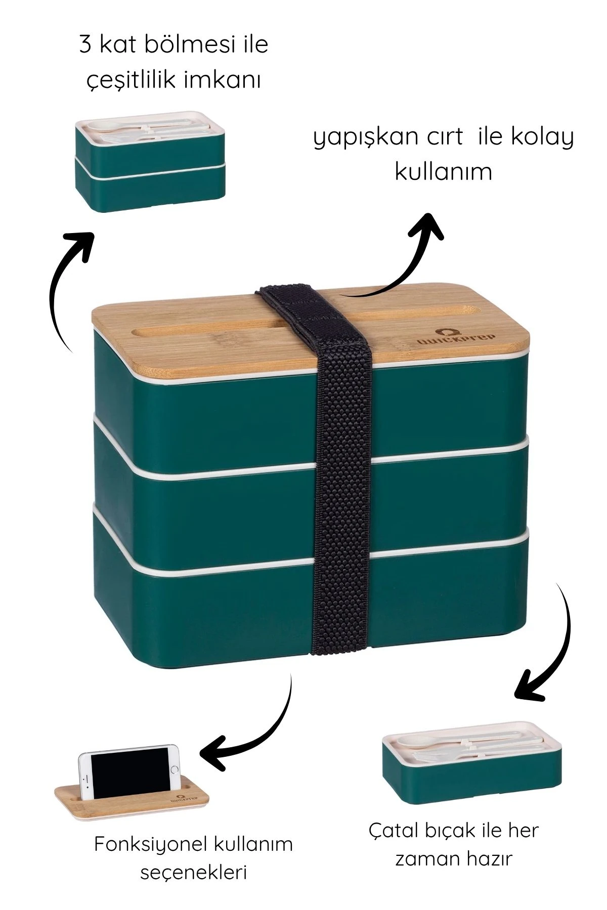 3 Katlı Yemek Saklama Kabı | Bambu Kapak - Çatal Bıçak - Fonksiyonel Kullanım