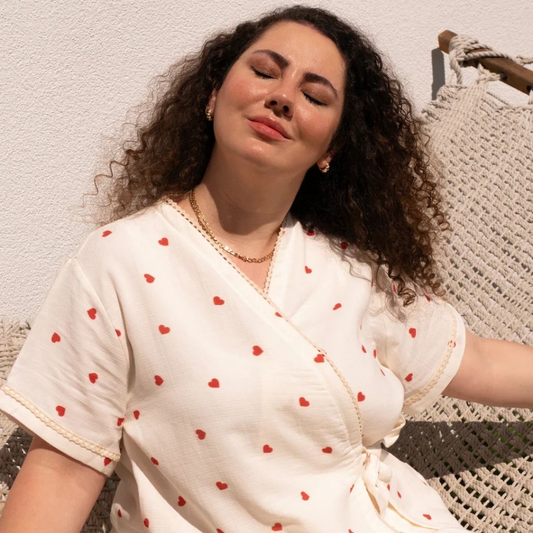 Kısa Kollu Pijama Takımı | Lohusa Takımı | Kalp Desenli DLB 1002 - Kırmızı