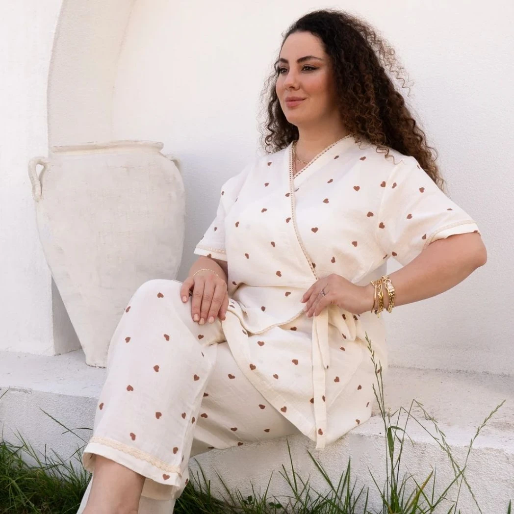 Kısa Kollu Pijama Takımı | Lohusa Takımı | Kalp Desenli DLB 1002 - Kahverengi