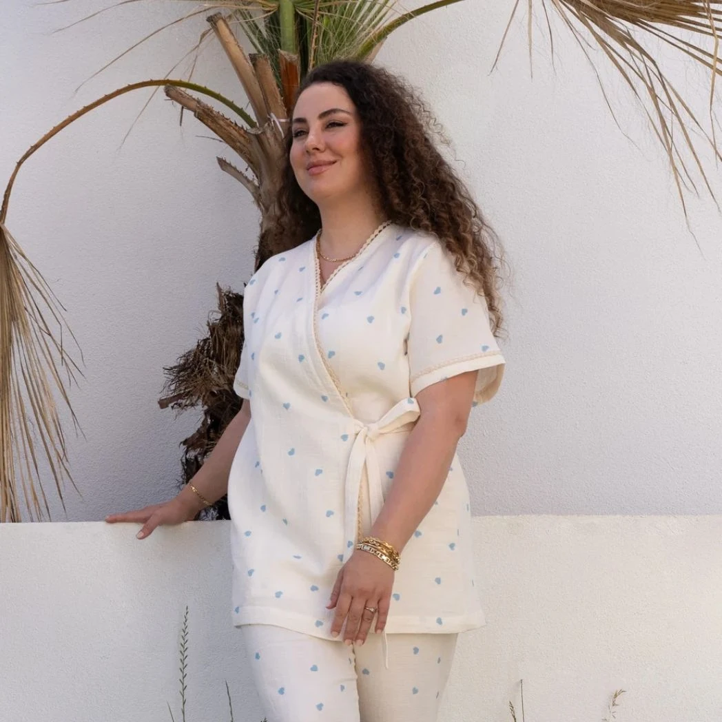 Kısa Kollu Pijama Takımı | Lohusa Takımı | Kalp Desenli DLB 1002 - Mavi