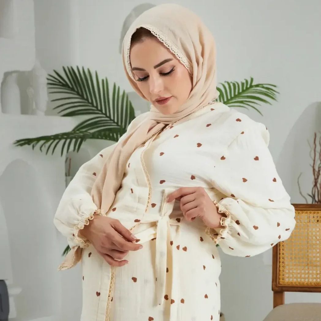 Lohusa Takımı | Alt Üst Pijama Takımı | Kalp Desenli | DLB 1003 - Kahverengi